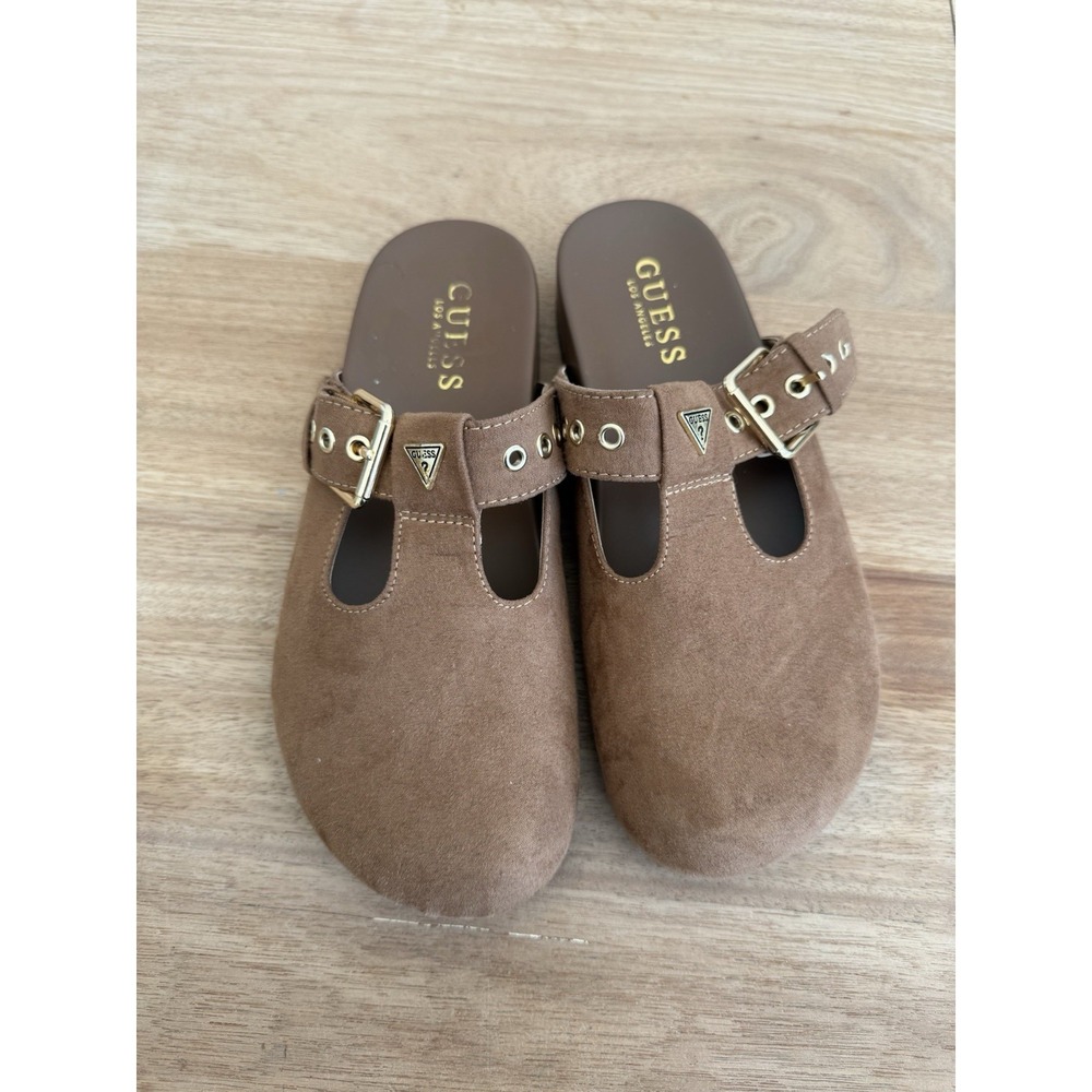 Guess Brown Suede Mule Slides T-Strap Buckle Clogs – Women's Size 5.5